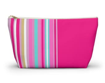 Pink Striped Accessory Pouch: Washable Fabric Bag (12 inch) Great for Mahjong tiles!