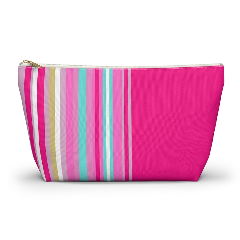 Pink Striped Accessory Pouch: Washable Fabric Bag (12 inch) Great for Mahjong tiles! image 1