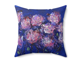 Pink Floral Faux Suede Square Pillow on blue is a lovely accent for room decor. 14" square with design on both sides, decorator throwpillow