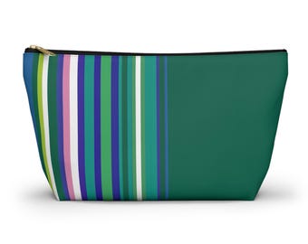 Green Striped Accessory Pouch: Washable Fabric Bag (12 inch) Great for Mahjong tiles!