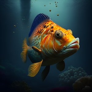 Majestic, golden, fish, AI generated, art, poster, digital artwork, print, printable, sea, ocean, coral reef, wall art.