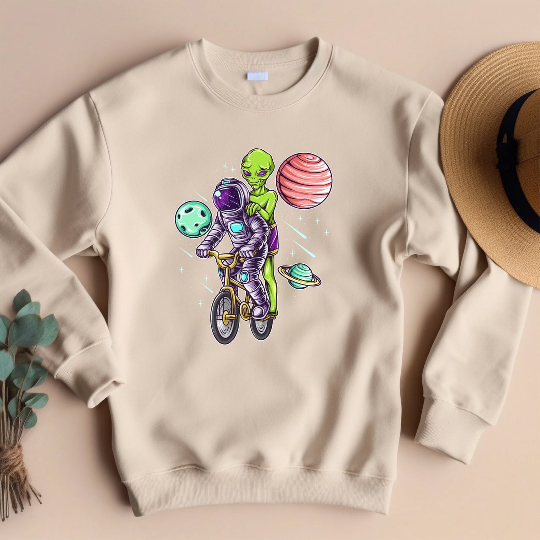 Astronaut and Alien Riding a Bicycle Funny Shirt, Ufo Shirt, Outer ...