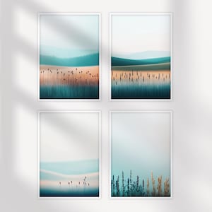 Printable Nature Set of Wildflowers, 4 Pieces Large Wall Art, Green Nature Prints Set, Forest Landscape Digital Download Art