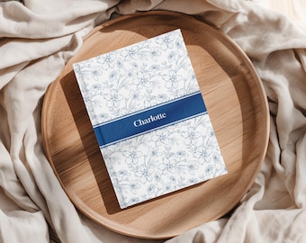 Custom Mini Journal, Blue Toile Personalized Pocket Notebook, Hardcover A6