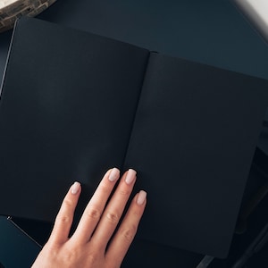 May include: A black notebook with a blank page open, a hand is resting on the page.