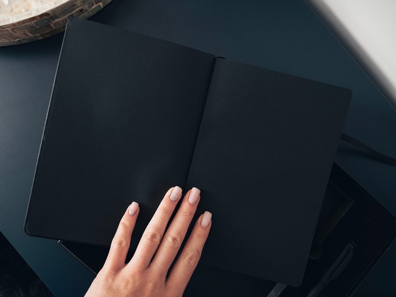 May include: A black notebook with a blank page open, a hand is resting on the page.