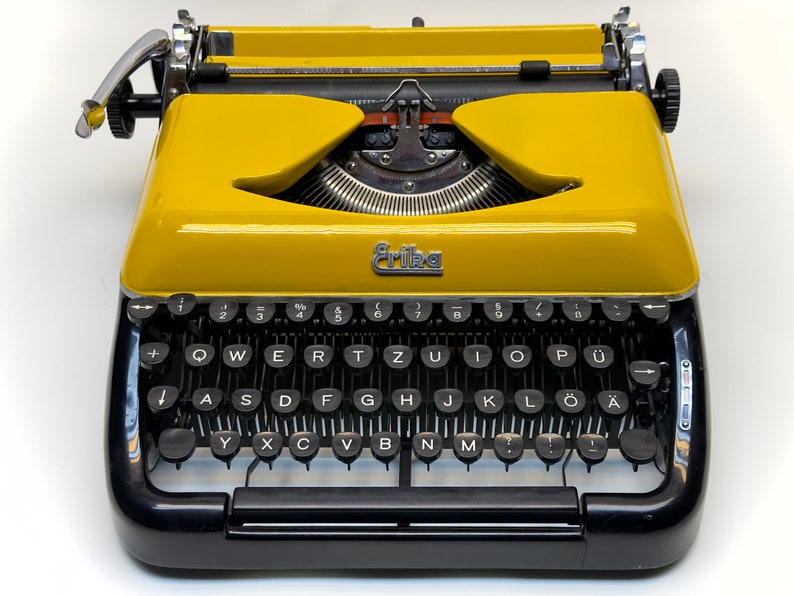 Erika Black Typewriter, 1955 Model with Yellow Cover and Details - Perfect Gift, Case Not Included