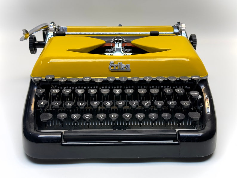 Erika Black Typewriter, 1955 Model with Yellow Cover and Details - Perfect Gift, Case Not Included