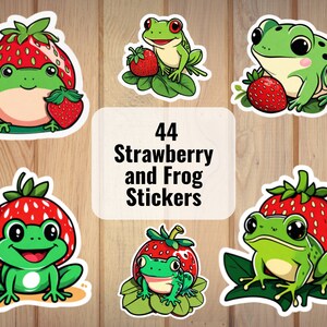 Lot de 44 autocollants numériques fraises et grenouilles mignons, feuilles d'autocollants numériques téléchargeables, autocollants PNG, autocollants de fruits, autocollants animaux