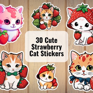Lot de 30 autocollants numériques chat fraise mignon, feuilles d'autocollants numériques téléchargeables, autocollants PNG, autocollants de fruits, autocollants animaux