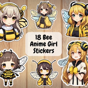 18 digitale schattige Bee Anime Girl Stickers-bundel, downloadbare digitale stickervellen, PNG-stickers, anime-stickers, dierenstickers