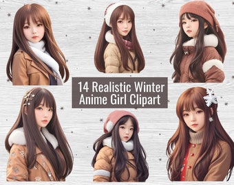 14 Digital Realistic Winter Anime Girl Clipart Bundle, Downloadable Digital PNG Clipart, Realistic Anime Clipart, Winter Season Clipart