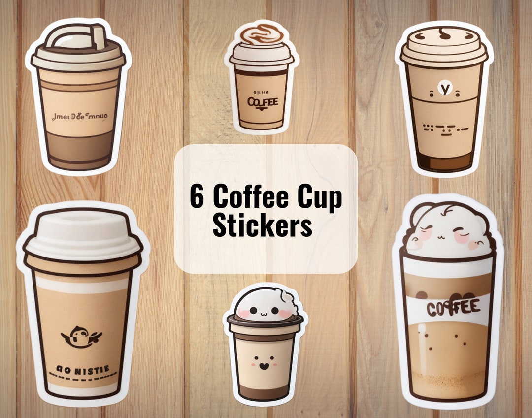 6 Coffee Cup Stickers Sheet, Downloadable Digital Sticker Sheet, PNG