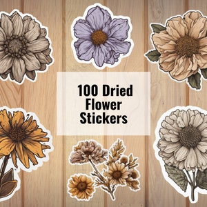 Paquete de 100 pegatinas digitales de flores secas, hojas de pegatinas digitales descargables, pegatinas PNG, pegatinas de flores, pegatinas de plantas, pegatinas de naturaleza