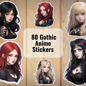 80 digitale gotische anime meisje stickerbundel, downloadbare digitale stickervellen, PNG-stickers, Goth Anime-stickers, griezelige Goth-stickers.