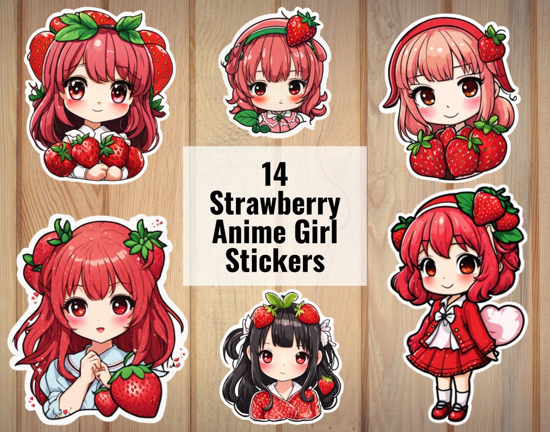 14 Digital Cute Strawberry Anime Girl Stickers Bundle, Downloadable