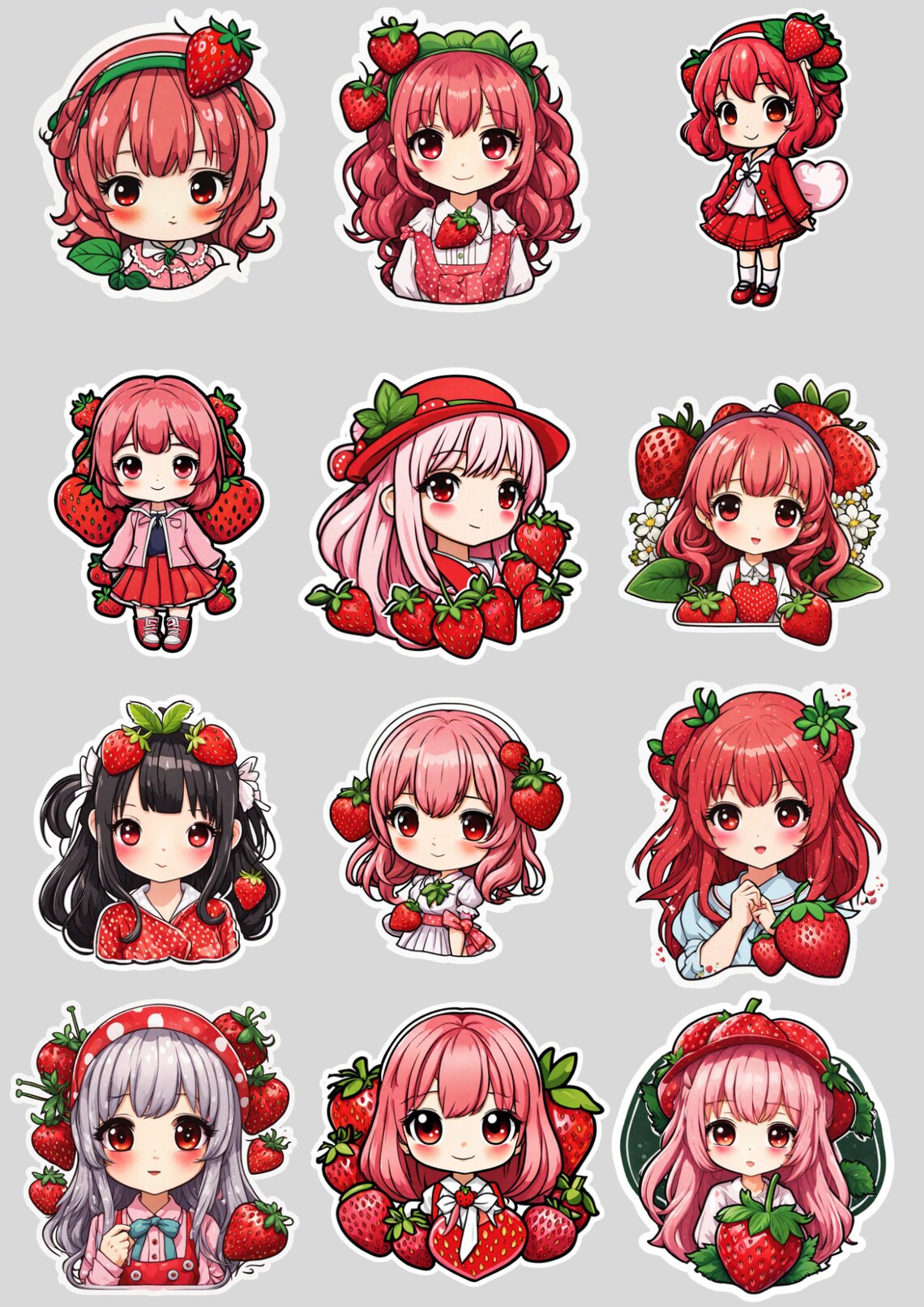 14 Digital Cute Strawberry Anime Girl Stickers Bundle, Downloadable
