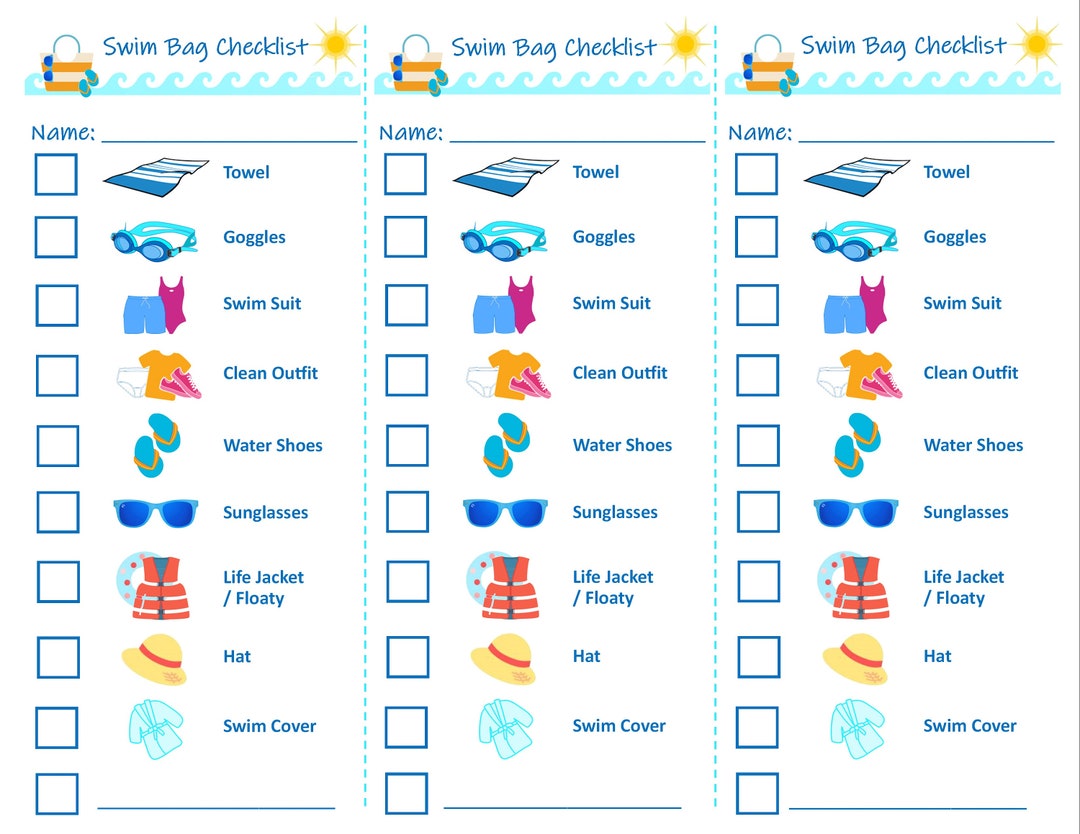 Swim Bag Checklist for Kids Etsy