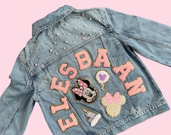 Disney magic park Minnie Jean Jacket with pink  pearls on the back and  front  for baby , toddler and big girls  ,all patches are  SEWN ON