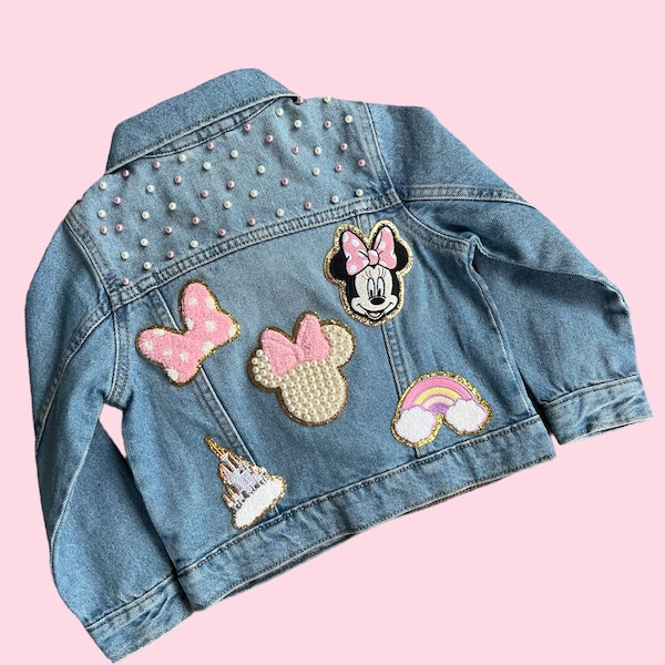 Disney  Minnie Jean Jacket without name and initial on the front ,with pearls ,for baby , toddler and big girls,all patches are  SEWN ON