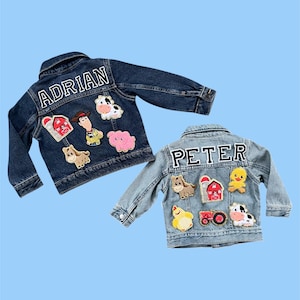 Custom Farm Jean Jacket for baby and toddlers, ideal for birthday theme party  patches are  SEWN ON
