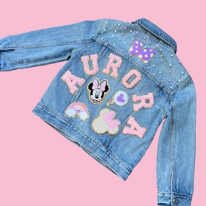 Minnie Jean Jacket with pink  pearls on the back and  front  for baby , toddler and big girls  ,all patches are  SEWN ON