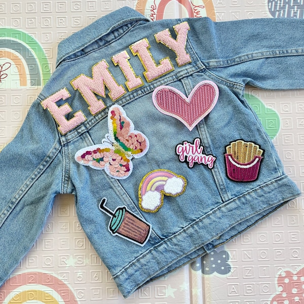 Custom made jean  jacket for baby and toddler ,  personalized denim jacket for kids with patches ( all patches are SEWN ON )