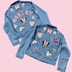 Women minnie Jean Jacket with pearls on the front ,patches are  SEWN ON
