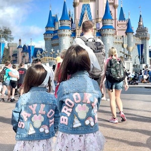 Disney  Minnie Jean Jacket with pink and ivory  pearls on the back and  front  for baby , toddler and big girls,all patches are  SEWN ON