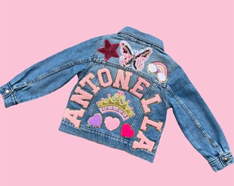 Custom  patch jacket for baby and toddler ,  personalized Jean jacket with patches ( all patches are SEWN ON )