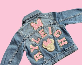 Personalized Minnie Mouse Denim Jacket with pearls for baby , toddler  girls all patches are  SEWN ON