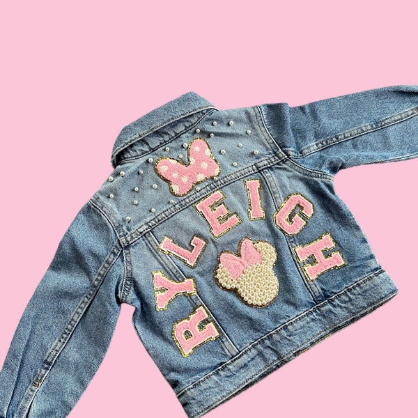 Personalized Minnie Mouse Denim Jacket with pearls for baby , toddler  girls all patches are  SEWN ON