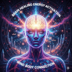 May include: Digital art depicting a human figure with a glowing brain, surrounded by cosmic elements. The image features text that reads "Brain Healing Energy Activation" and "Mind Body Connection". The color palette includes blues, purples, and golds.