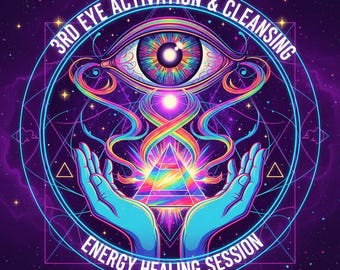 May include: A vibrant, psychedelic illustration with the text "3RD EYE ACTIVATION & CLEANSING" and "ENERGY HEALING SESSION". The image features a large eye, geometric shapes, a rainbow-colored pyramid, and hands reaching upwards, all set against a purple starry background.