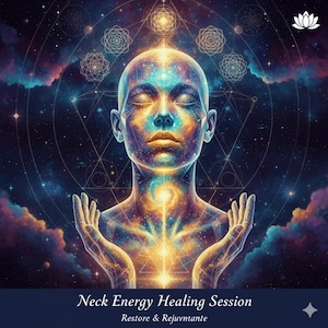 Peut inclure: Illustration numérique d'une personne aux yeux fermés, ornée de motifs et de couleurs cosmiques. L'image présente un fond galactique avec des formes géométriques et le texte "Neck Energy Healing Session" et "Restore & Rejuvntante".