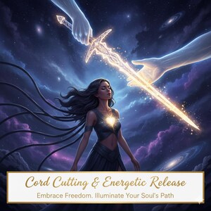 Può includere: Illustrazione digitale di una donna con lunghi capelli scuri e un cuore luminoso, sotto un cielo stellato. Una spada radiosa è tenuta sopra di lei da due mani eteree. Il testo recita: "Cord Cutting & Energetic Release" e "Embrace Freedom. Illuminate Your Soul's Path."