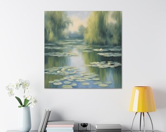 May include: A square canvas print of a serene water scene with lily pads and weeping willow trees. The artwork features soft green, blue, and yellow hues, creating a tranquil and naturalistic landscape. The painting is displayed on a white wall.