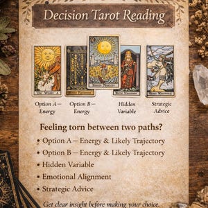 May include: A tarot reading layout with the title "Decision Tarot Reading". The cards are arranged with text describing options and advice. A lit candle, key, and book are also present, creating a mystical theme.
