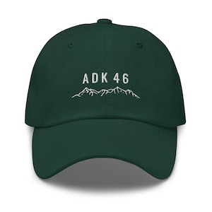 May include: A dark green baseball cap with white embroidered text that reads "ADK 46" and a mountain range graphic.