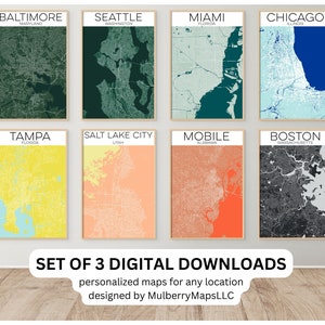 May include: A set of eight printable city maps, each with a different color scheme. The maps are displayed on a wall with a wooden floor. The text at the bottom reads "SET OF 3 DIGITAL DOWNLOADS personalized maps for any location designed by MulberryMapsLLC".