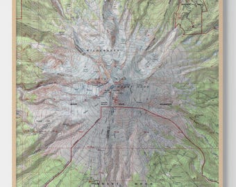 May include: A square framed topographic map of Mount Hood, featuring detailed contour lines, green forested areas, and grey rocky terrain. The map includes red boundary lines and text labels for Mount Hood Wilderness and surrounding areas.