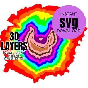 May include: A digital graphic of Mount Saint Helens, Washington, featuring concentric 3D layers in a rainbow color spectrum. The text reads 3D LAYERS MOUNT SAINT HELENS, WASHINGTON and INSTANT SVG DOWNLOAD in a purple circle.