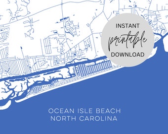 Mapa de Ocean Isle Beach, Carolina del Norte. Descarga digital inmediata.