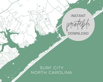 Può includere: Mappa stampabile di Surf City, Carolina del Nord. La mappa mostra le strade e le vie d'acqua della città. La mappa è in uno schema di colori verde e bianco. Il testo "INSTANT DOWNLOAD" è in un cerchio sulla mappa.