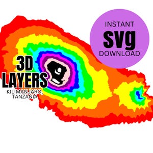 May include: A digital graphic of a topographic map of Kilimanjaro, Tanzania, featuring concentric layers in red, orange, yellow, green, blue, and purple. Text reads 3D LAYERS KILIMANJARO, TANZANIA and a purple circle contains the text INSTANT SVG DOWNLOAD.