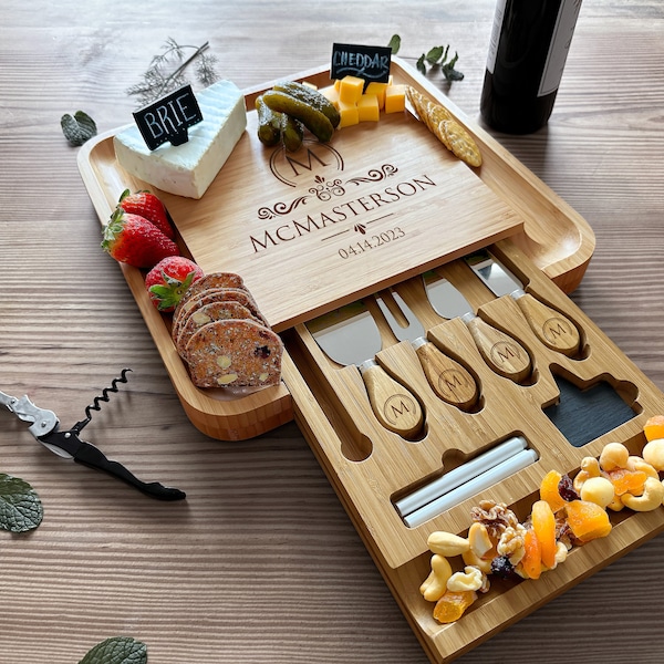 Custom Engraved Cheese and Charcuterie Board Set - Personalized Gift for Wedding, Anniversary, Couples, and Engagement Celebrations