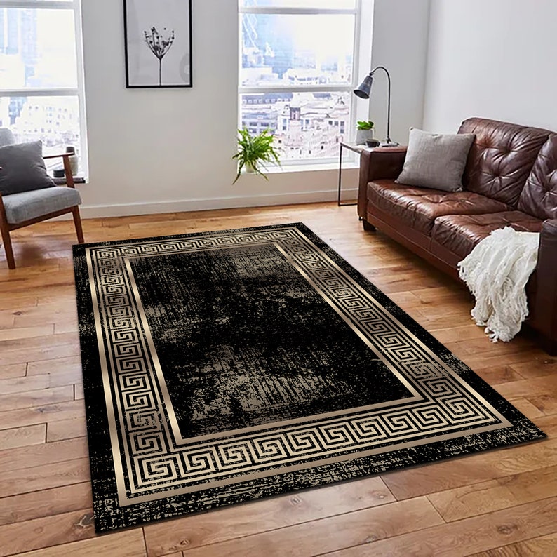 Black and Gold Marble Area Rug, for Living Room, Medusa Carpet, Greek