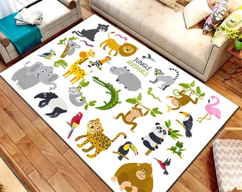 Jungle Animals Cotton Rug, Playroom Decor, Machine Washable