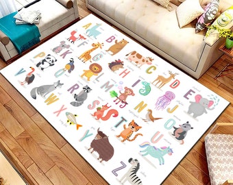 Animal Alphabet Kids Rug, Educational Play Mat, Cotton Base