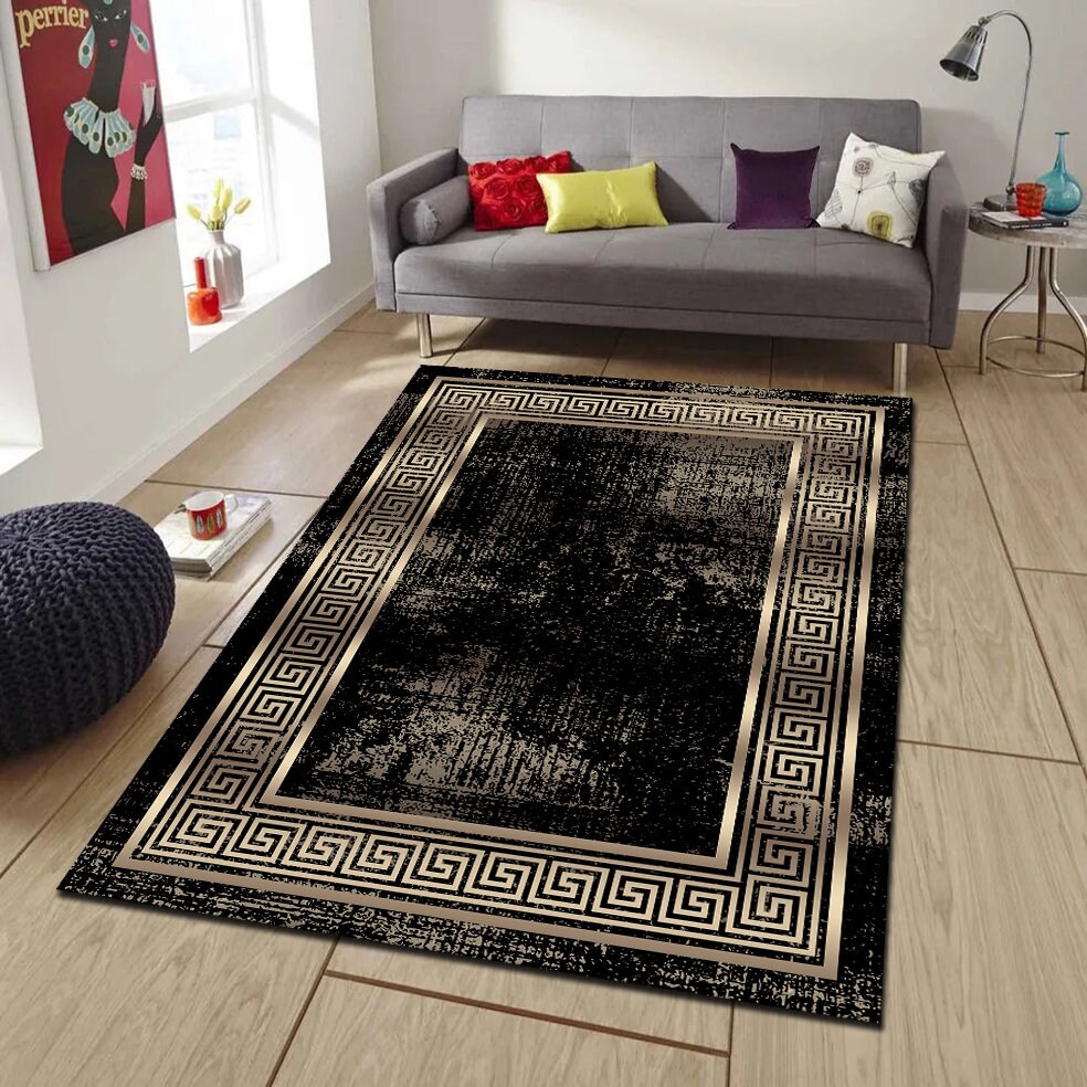 Black and Gold Marble Area Rug, for Living Room, Medusa Carpet, Greek